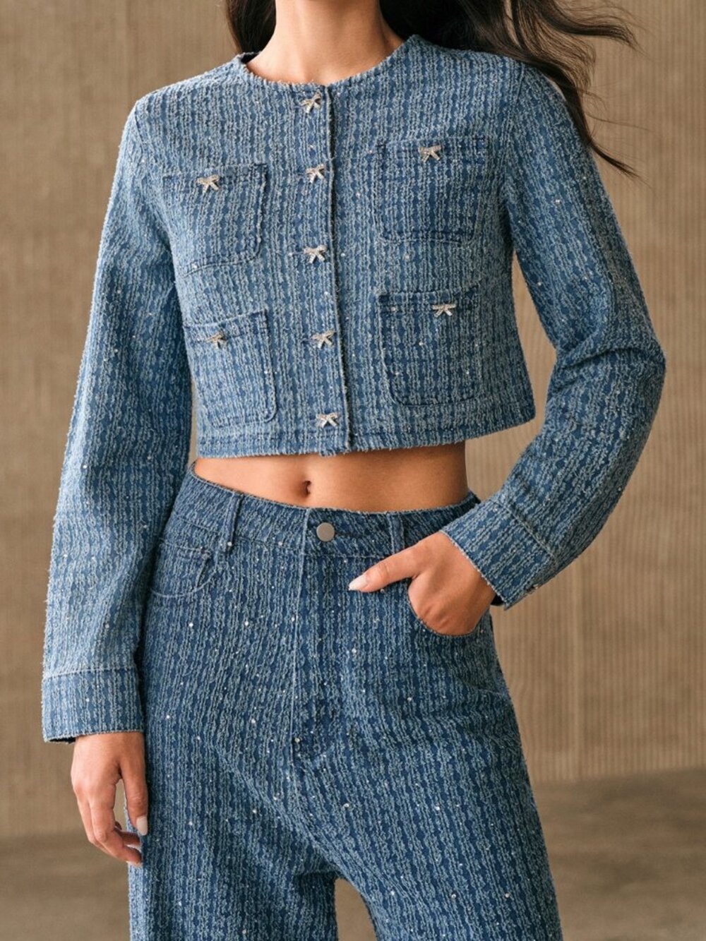 Blue Elegant Women's Textured Button Front Crop Top